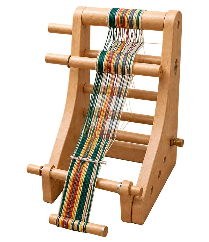 Inkle loom diagram illustrating the starter peg, tension device, heddle bar, and path pegs