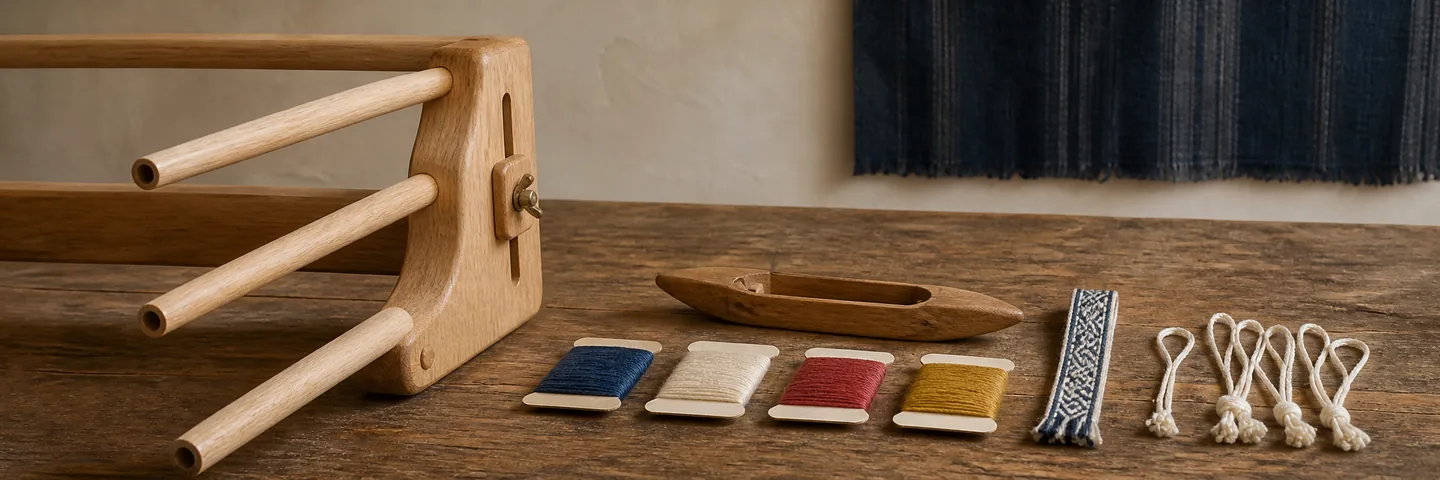 An empty inkle loom with weaving tools, yarn cards and a narrow finished band