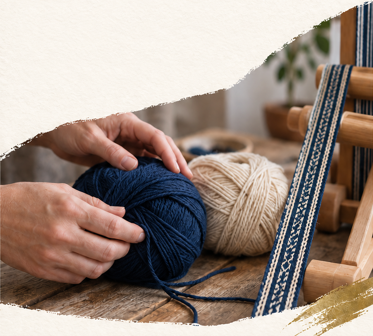 Hands arranging navy and natural yarn beside an inkle loom and a narrow woven band